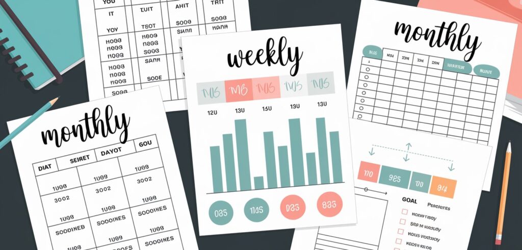 Different types of weight loss tracker printables including daily, weekly, and monthly formats.