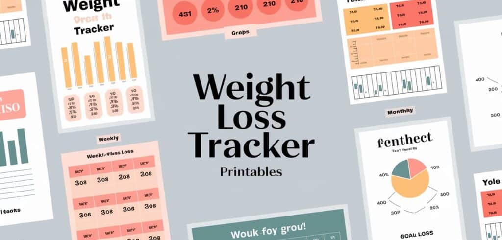 Overview of a weight loss tracker printable with various tracking elements