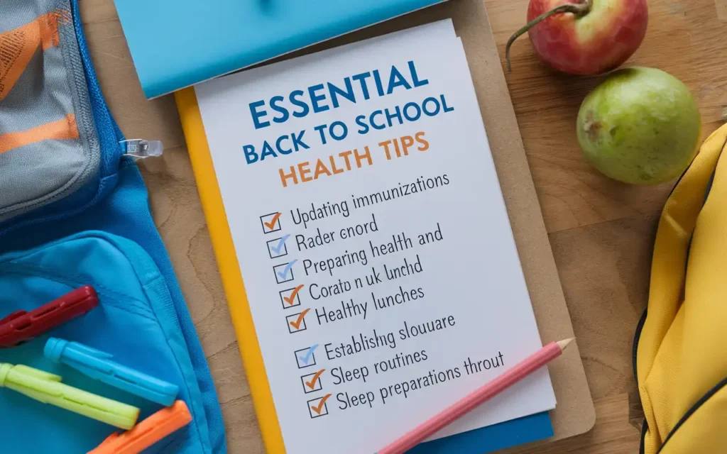 Back to school health tips checklist image with a to-do list for parents and students.
