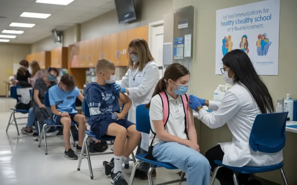 Back to school health tips immunization image with students receiving vaccines.
