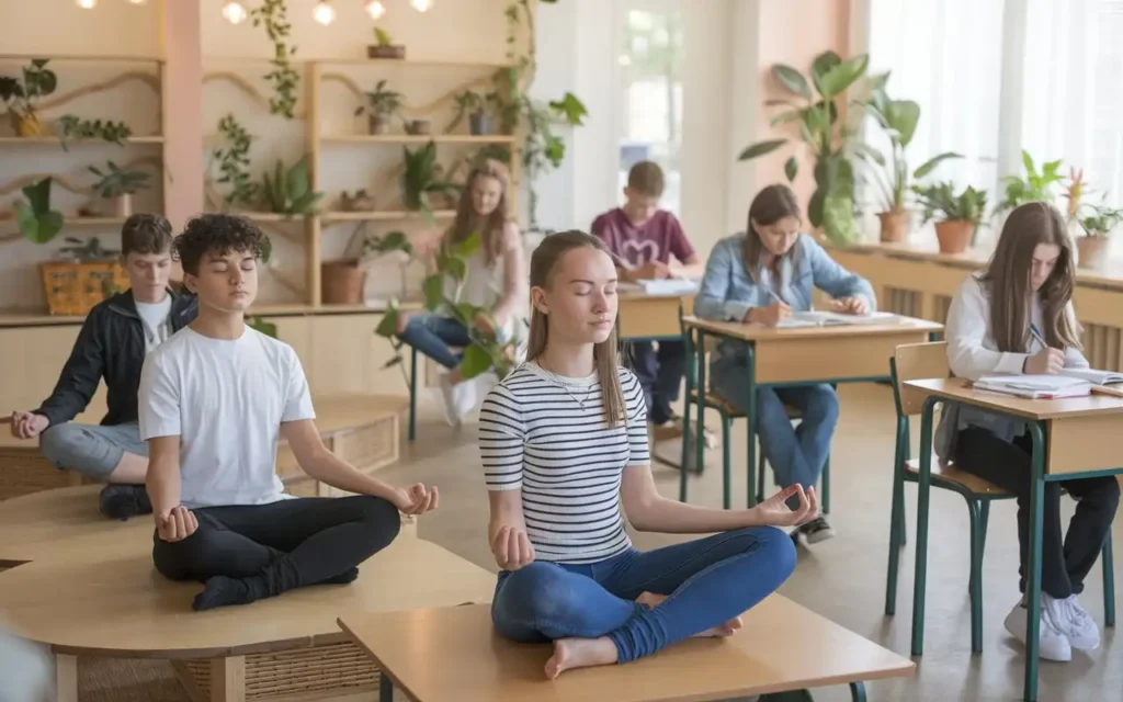 Back to school health tips mental health image showing students practicing mindfulness.
