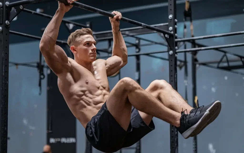 Athlete performing a hanging leg raise to activate core muscles