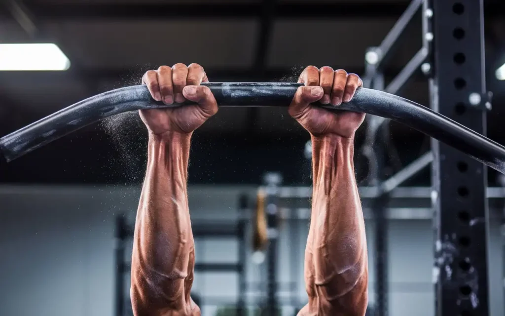 Close-up of hands gripping a pull-up bar showing the benefits of hanging exercise