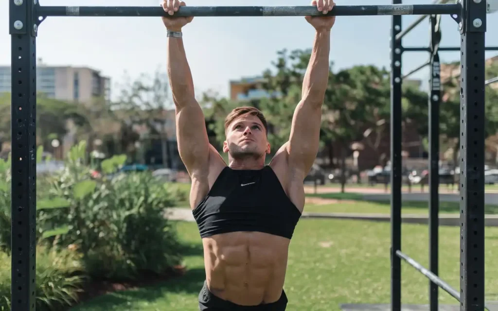 Person performing hanging exercise for shoulder mobility improvement