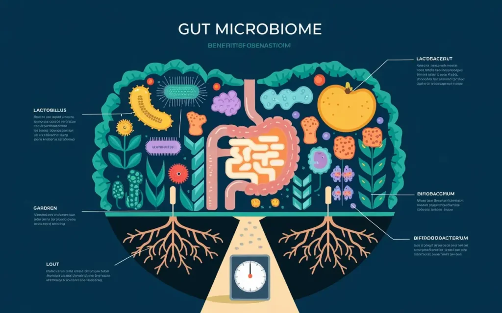 Illustration of gut microbiome and probiotics for weight loss
