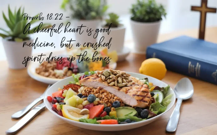 Bible Verses About Eating Healthy featured image showing a nutritious meal with scripture overlay.