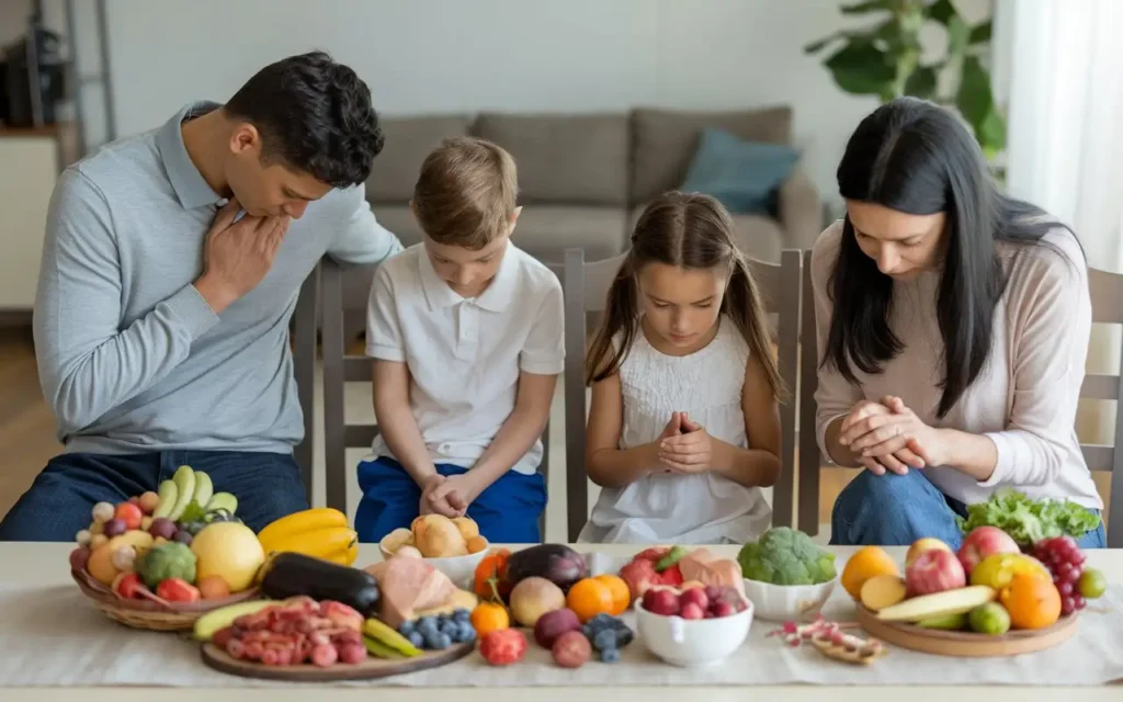 Gratitude and Food with a thankful prayer before a healthy meal. 