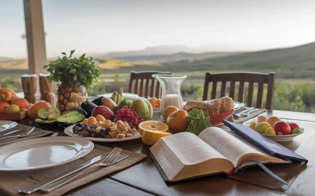 Introduction to Bible Verses About Eating Healthy with a serene dining setting