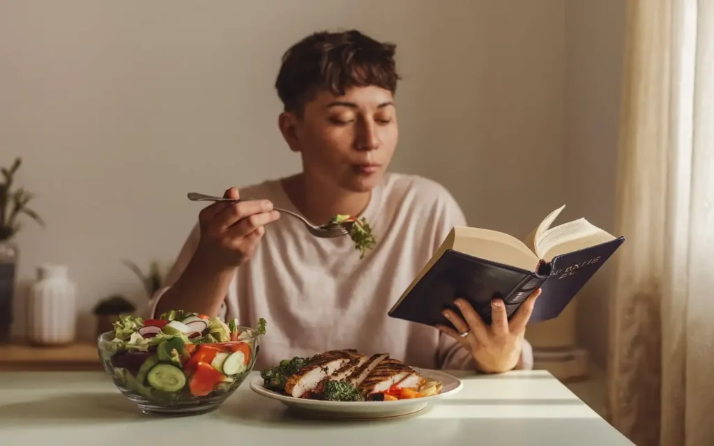 Mindful Eating from Biblical Perspectives with a person meditating over a healthy meal. 