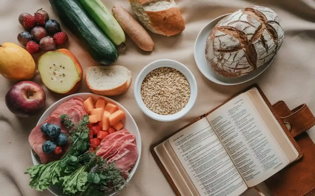 Scriptural Guidelines for Nutrition featuring scripture verses and balanced diet imagery. 