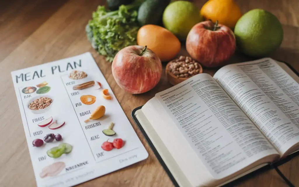 Self-Discipline in Dietary Choices illustrated with a disciplined meal plan and scripture. 