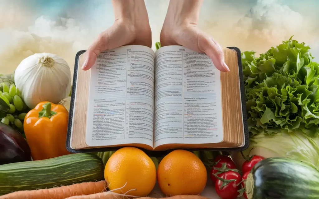 Spiritual Foundations of Healthy Eating with hands holding a Bible and fresh produce. 