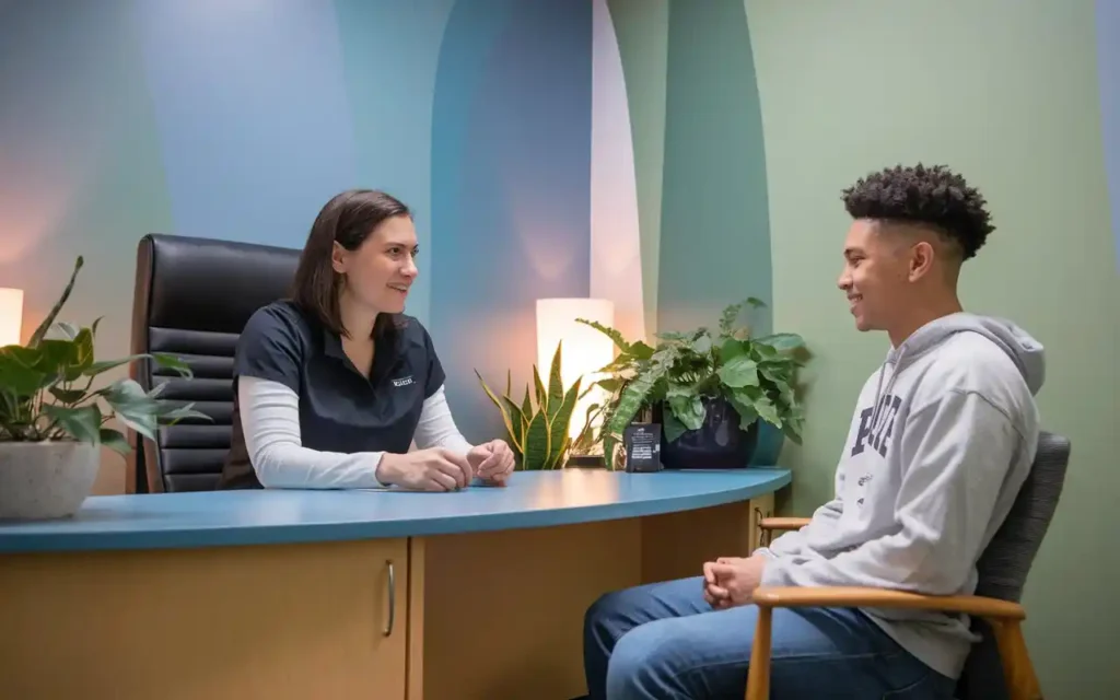 Mental health support services at Purdue's Center for Healthy Living with a counselor and student