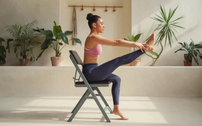 Person performing chair yoga for weight loss in a serene environment