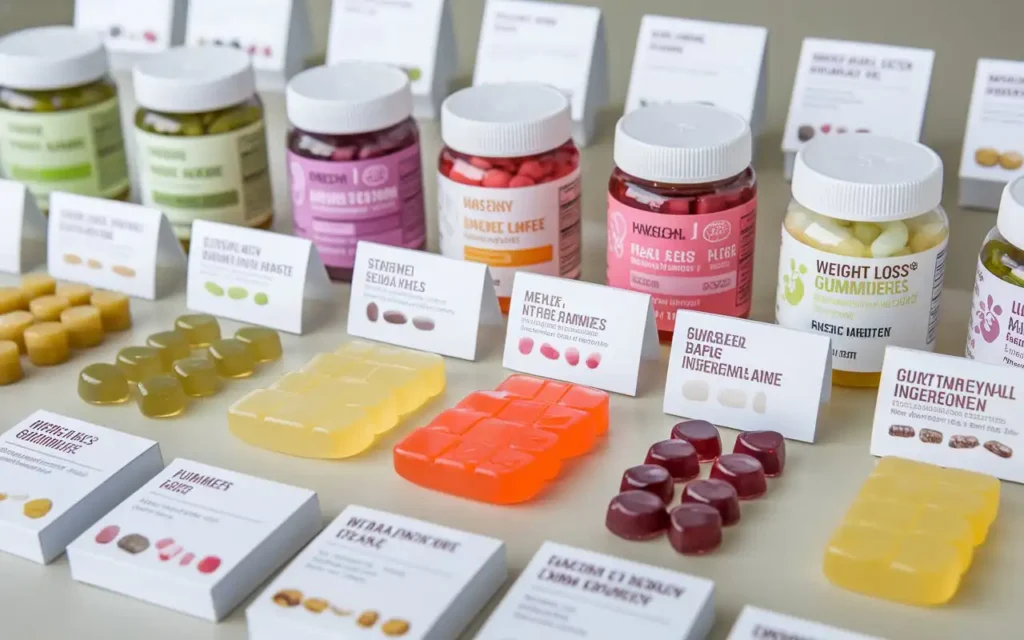 Selection of different weight loss gummies with labels