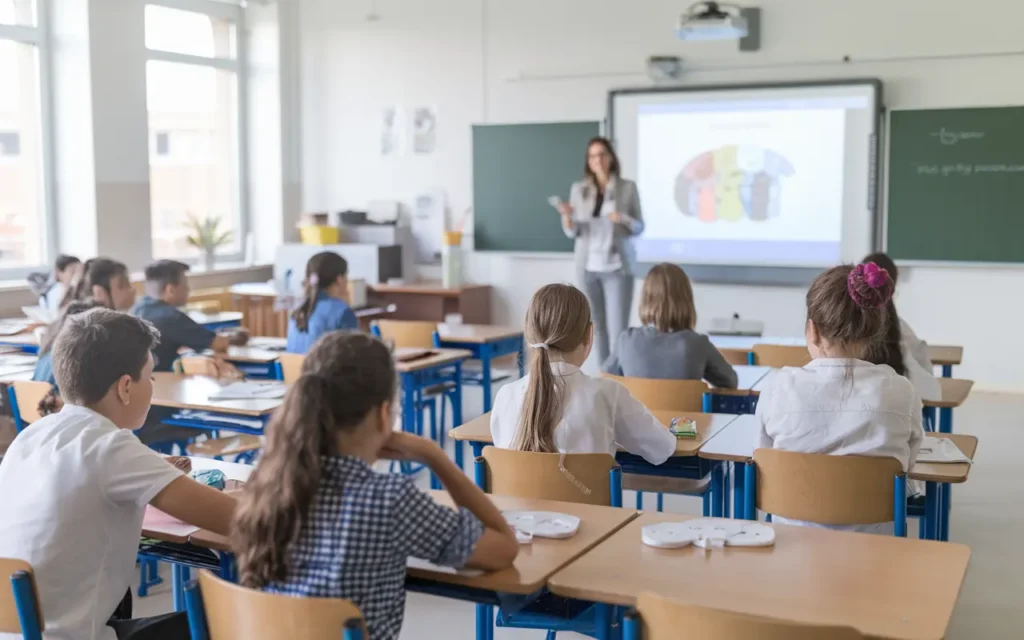 Students in classroom participating in mental health activity