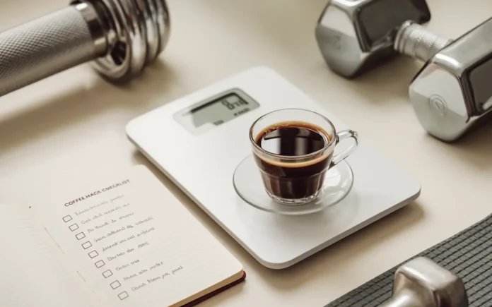 Coffee Hack for Weight Loss: A cup of black coffee with weight scale and fitness gear