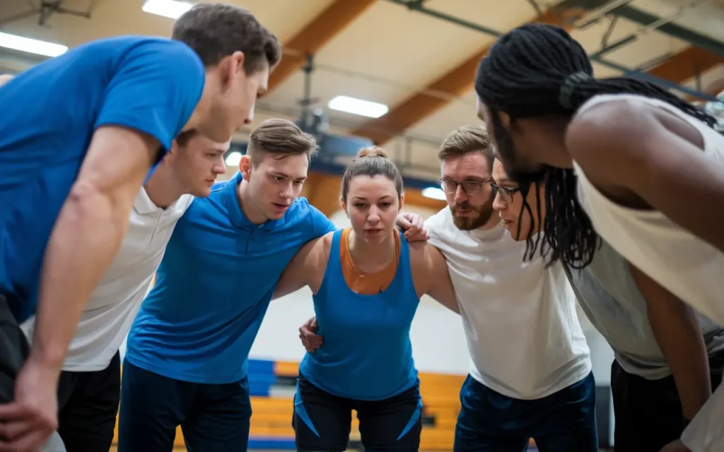 Team members discussing during a sports activity