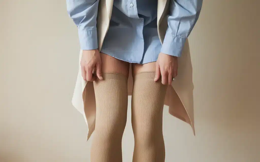 Compression stockings being worn to support how to keep veins healthy
