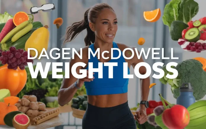 Dagen McDowell weight loss journey illustration with fitness and nutrition elements.