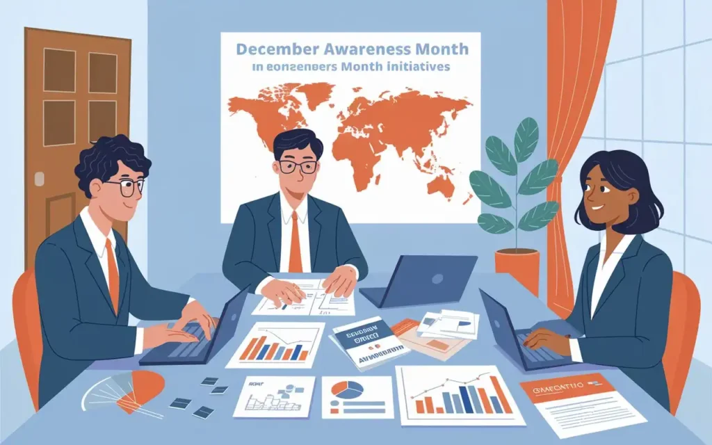 Business professionals collaborating on December Awareness Month initiatives