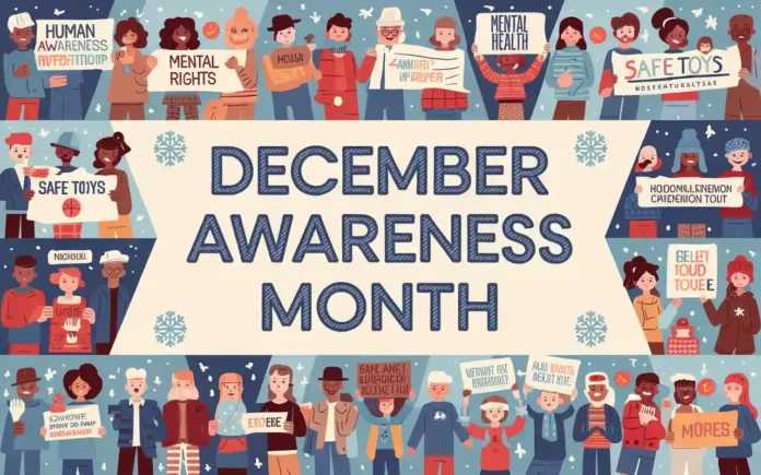 December Awareness Month banner with diverse people supporting various causes