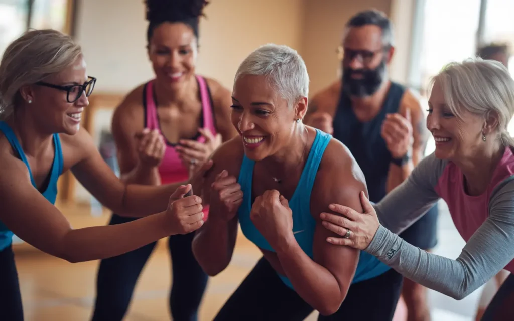 Group fitness class supporting each other