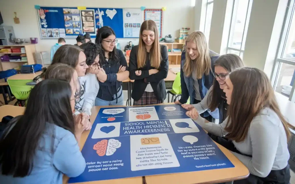 Students engaging with school mental health awareness poster