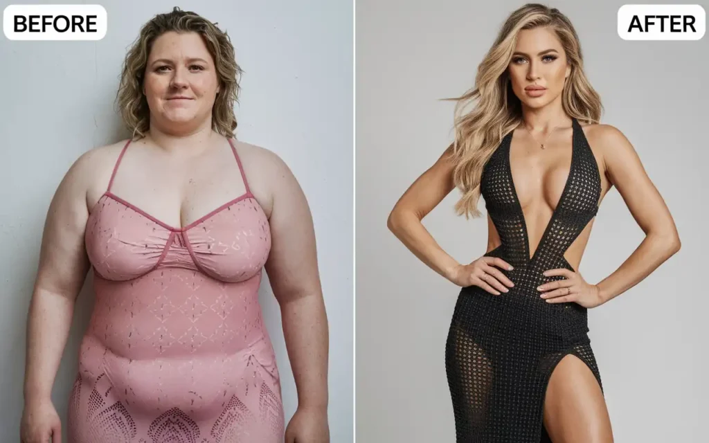 Before and after photos of Erika Jayne's weight loss journey.
