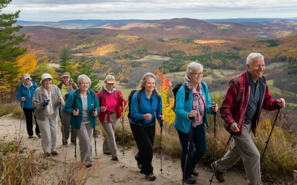 People hiking in the Green Mountains, Vermont.
