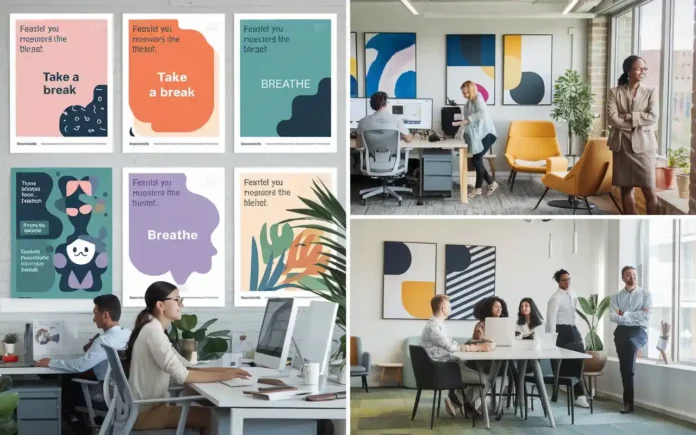 Free mental health posters for the workplace displayed in a modern office setting