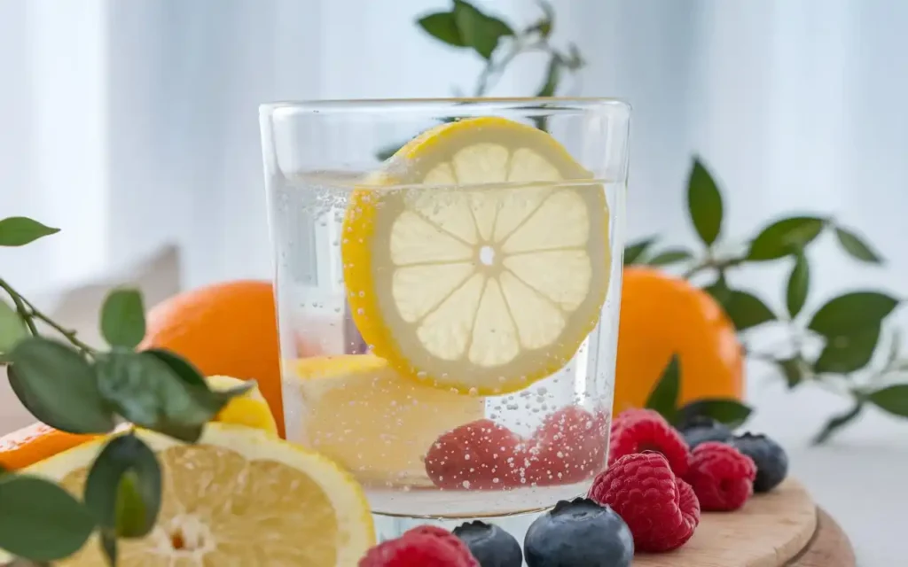 Importance of hydration in healthy eating, with a glass of water and fresh fruits.
