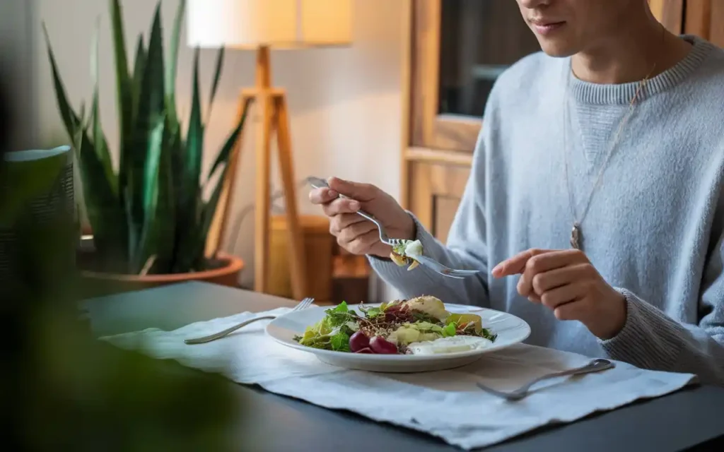 Mindful eating tips for healthy eating, showing a person enjoying a meal slowly.