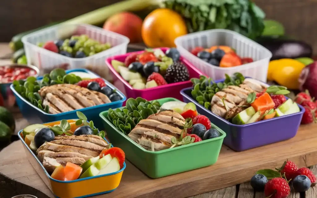 Practical tips for making healthy eating enjoyable, with colorful meal prep containers.
