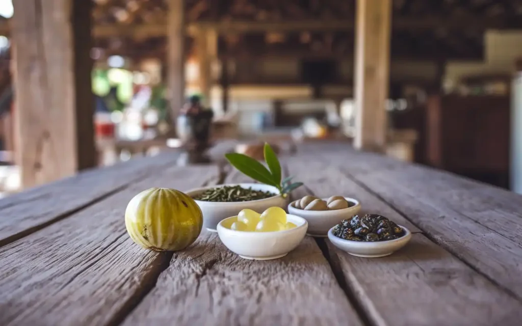 Natural ingredients used in gummies for weight loss displayed on a wooden table