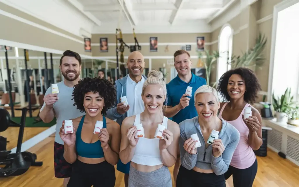 Happy individuals holding gummies for weight loss and showing positive results