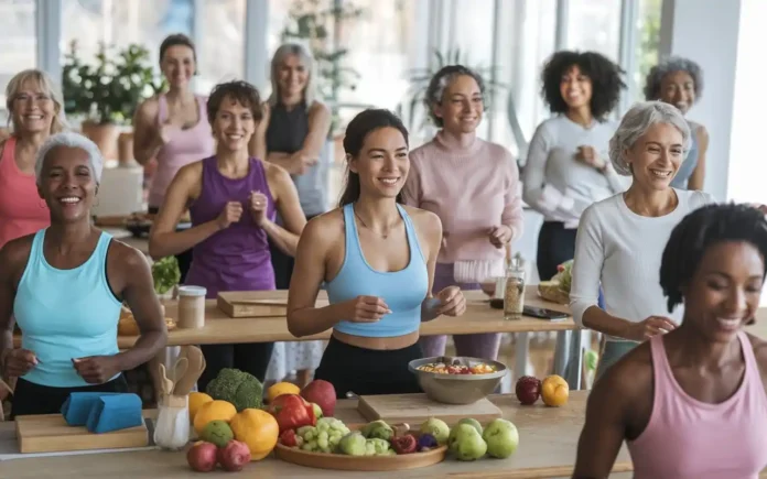 Health tips for women featuring a diverse group of women engaging in healthy activities