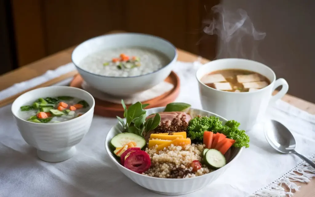 Healthy Asian recipes for a nutritious breakfast including congee and miso soup