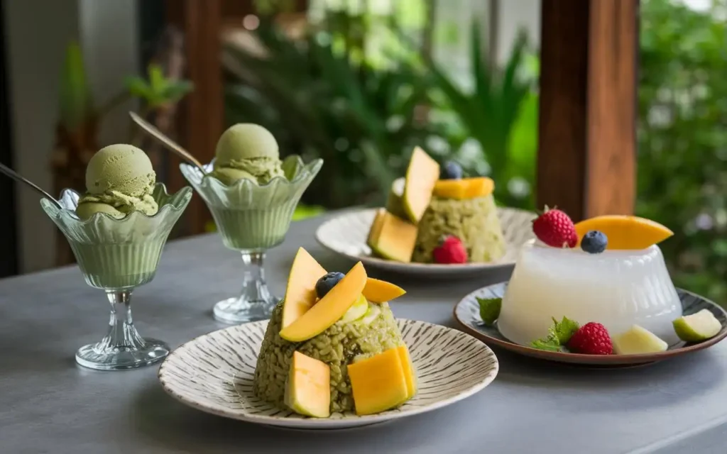 Sweet and healthy Asian desserts like matcha green tea ice cream and mango sticky rice
