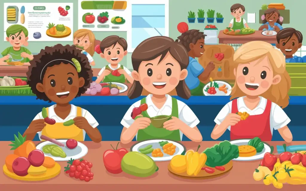 Healthy eating campaigns implemented in schools with students and nutritious meals