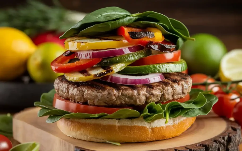 Healthy hamburger recipes featuring a variety of fresh vegetables and toppings