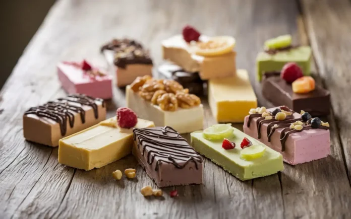 A variety of healthy ice cream bars in different flavors displayed on a wooden table.