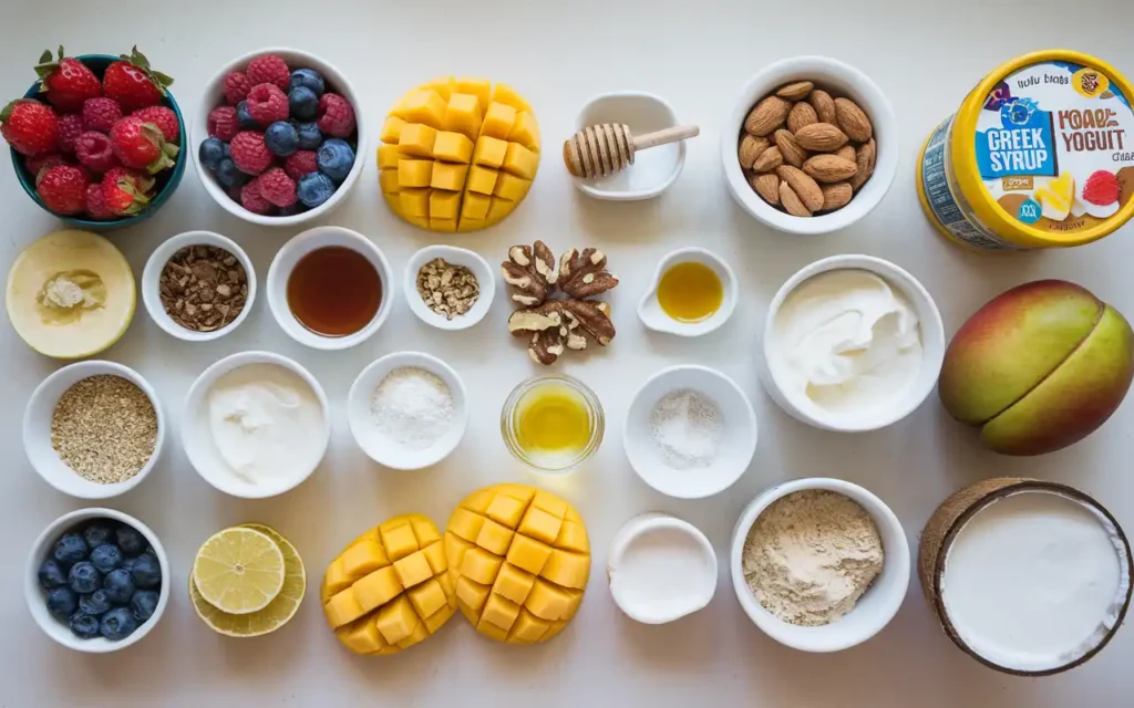 Fresh ingredients used in making healthy ice cream bars, including fruits, nuts, and natural sweeteners.
