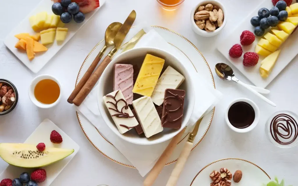 Creative serving suggestions for healthy ice cream bars with fruits and nuts.
