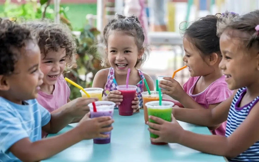 Happy children drinking healthy juice for kids in colorful cups
