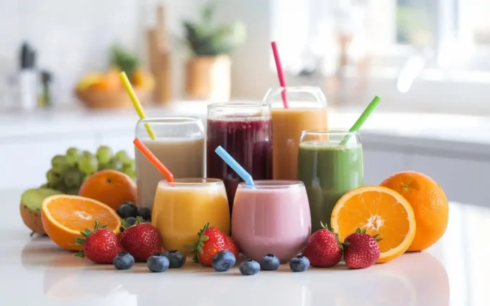 Colorful healthy juice for kids served in fun glasses with fresh fruits