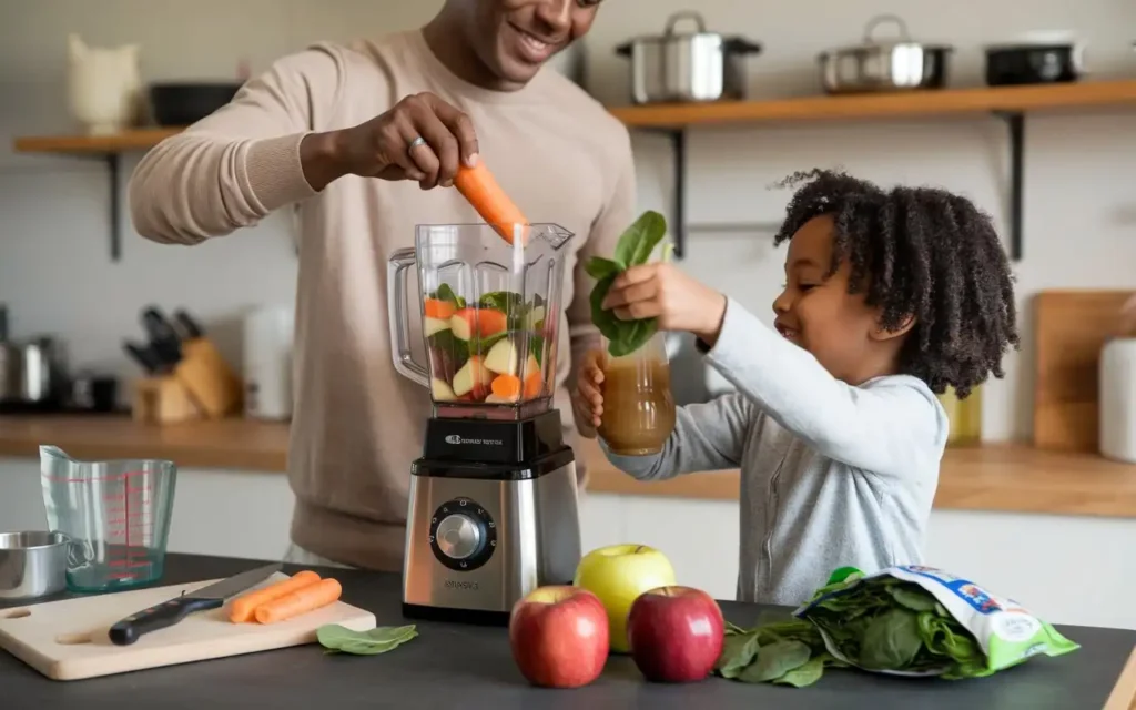 Parent preparing healthy juice for kids with fresh fruits and vegetables