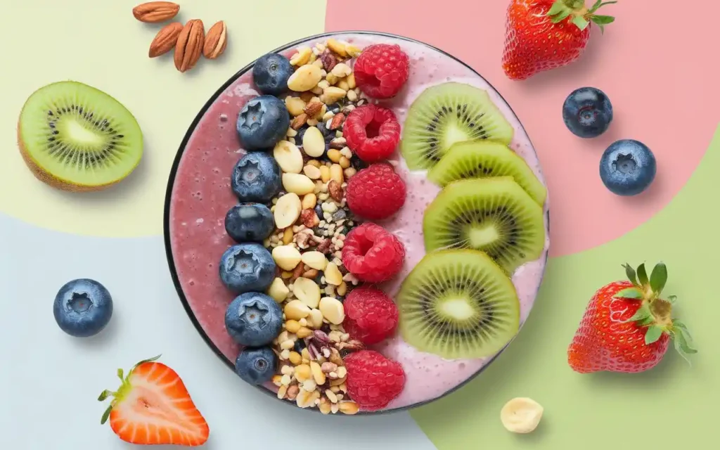 Creative healthy juice for kids smoothie bowls topped with fresh fruits
