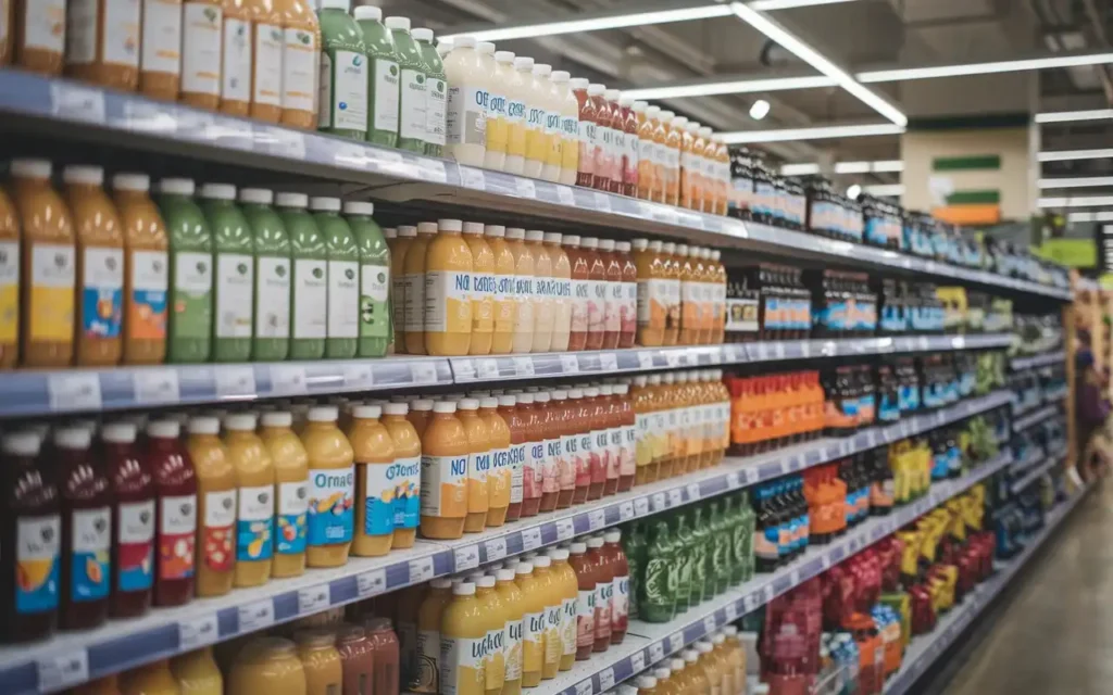 Selection of store-bought healthy juice for kids on supermarket shelves