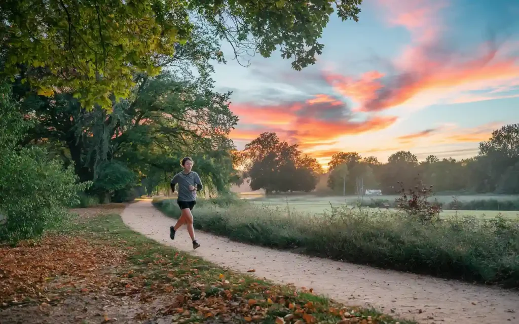 Healthy living images of a person running in a scenic park during sunrise.
